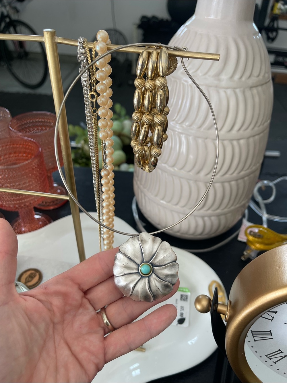 Silver-Tone Floral Pendant Necklace with Turquoise Accent